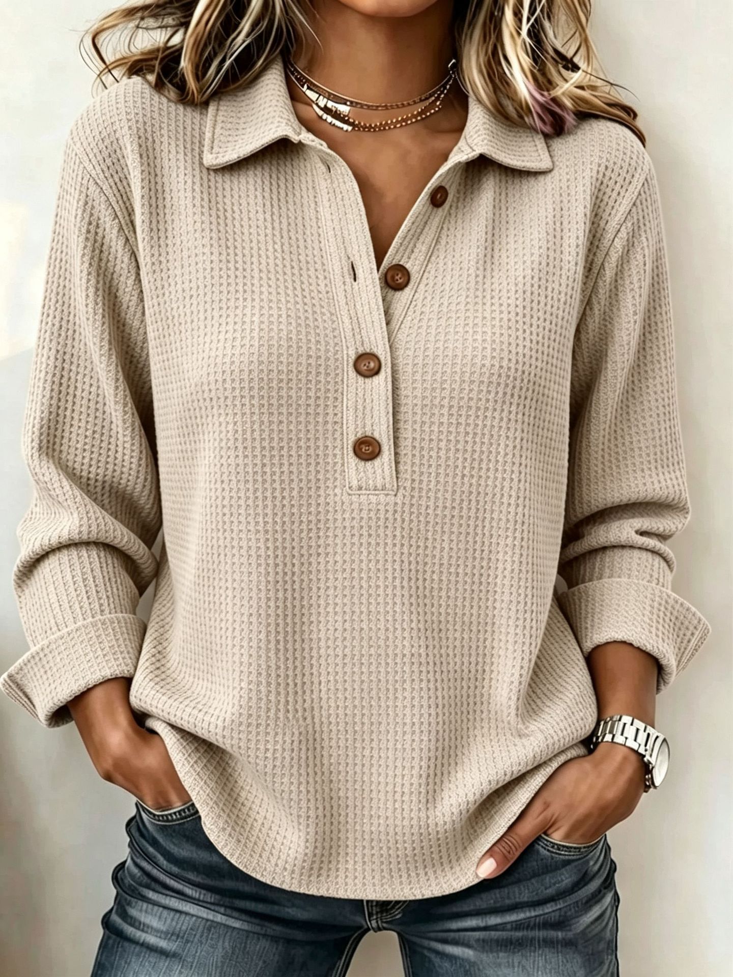 Women’s Waffle Knit Polo Shirt Long Sleeve Collared Pullover Top Button Front Casual Loose Fit Textured Blouse for Fall Winter-gemscharms