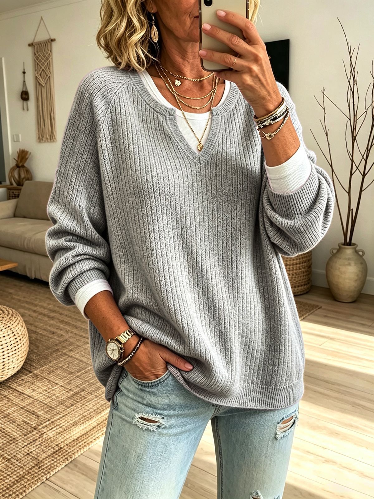 Women’s V-Neck Ribbed Knit Sweater