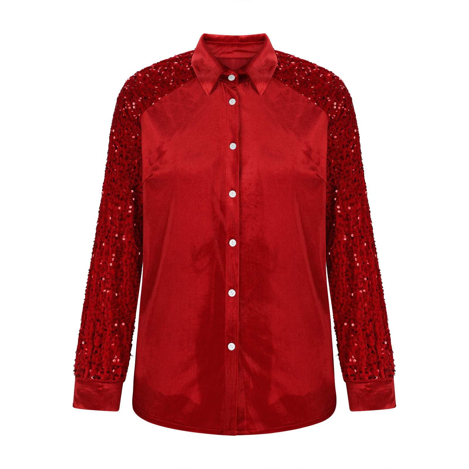 Women's Velvet Button Down Shirt Sequin Long Sleeve Blouse Elegant Sparkle Party Top Casual Luxury Shirt for Fall Winter