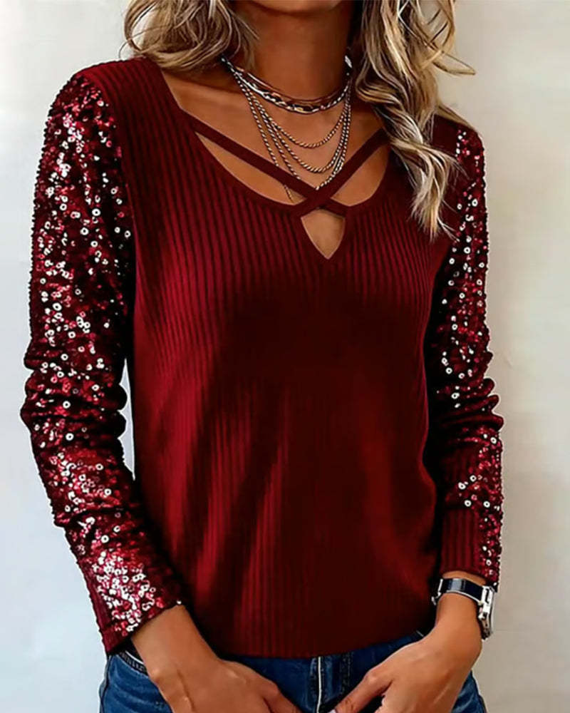 Women's Sequin Sleeve Ribbed Knit Top – Elegant Long Sleeve Blouse with Sparkle Detail