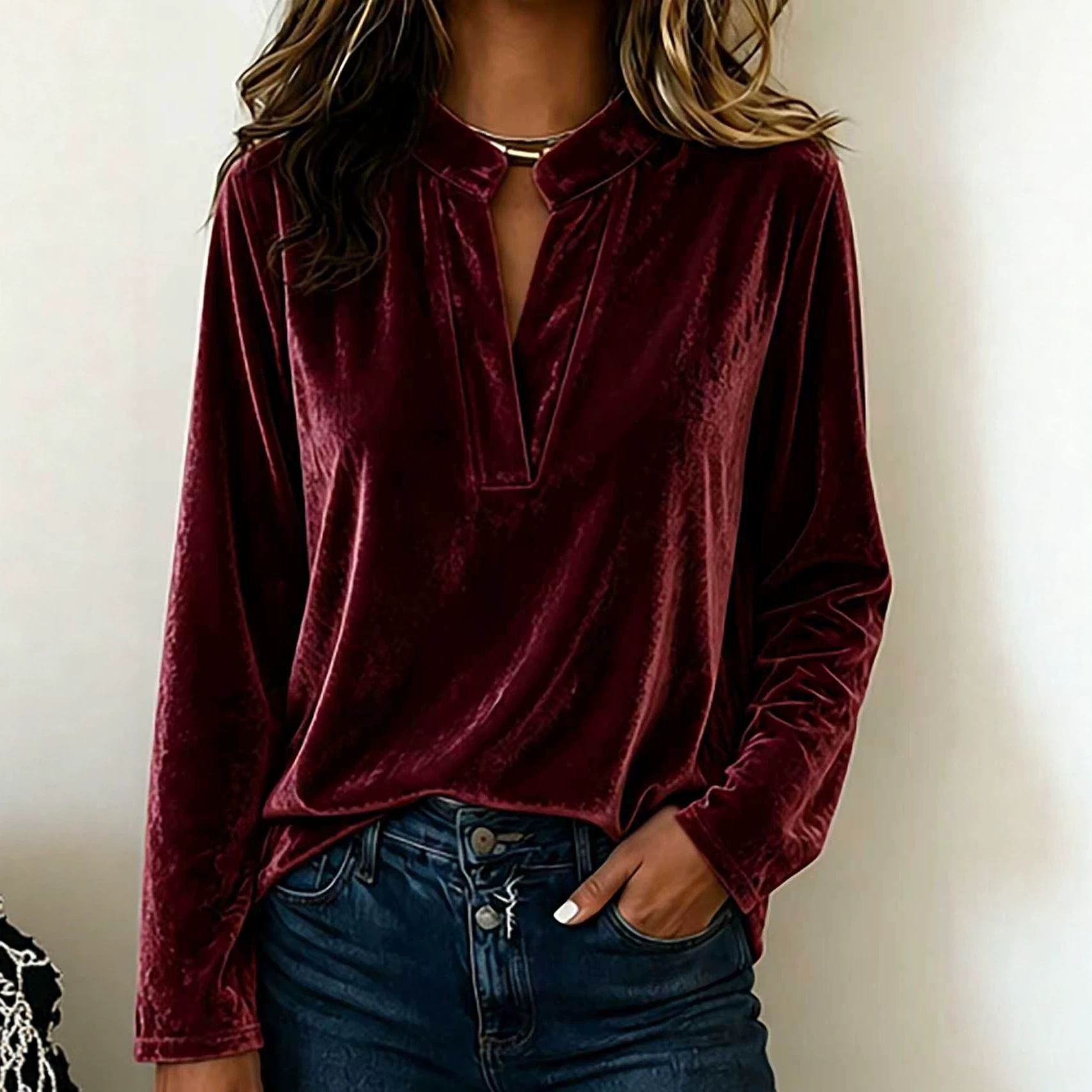 Women’s Velvet Long Sleeve Blouse with Cutout V-Neck & Collared Design