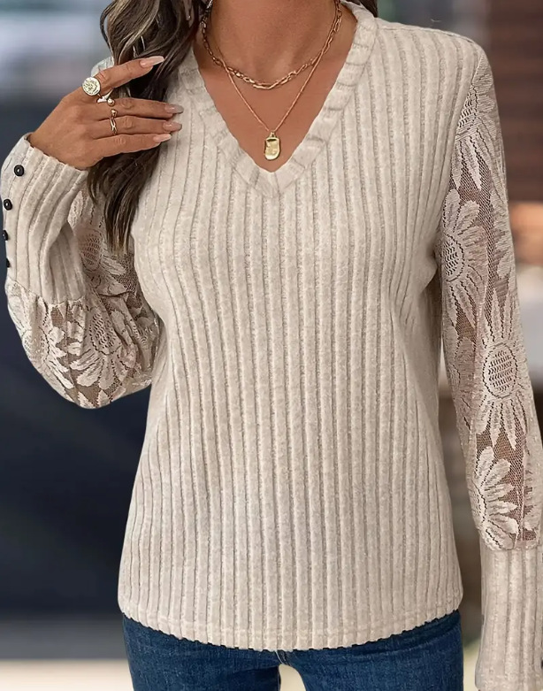 Women's V Neck Long Sleeve Knit Top – Lace Sleeve Ribbed Blouse with Elegant Button Cuff Detail for Casual & Dressy Wear