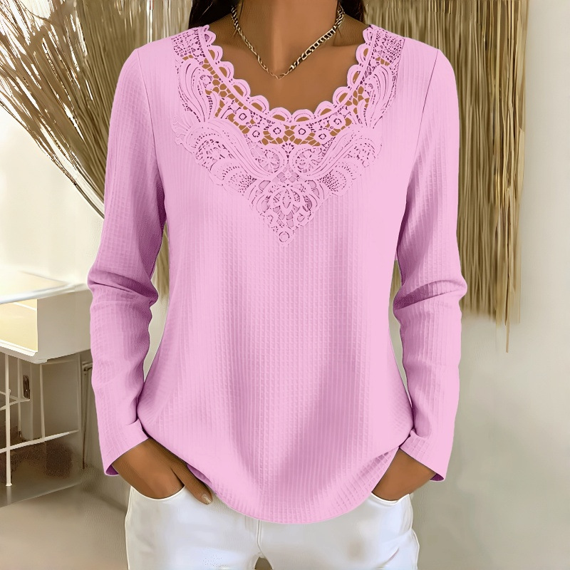 Women's Lace Detail V Neck Long Sleeve Knit Top – Elegant Ribbed Blouse with Crochet Neckline for Casual & Dressy Wear