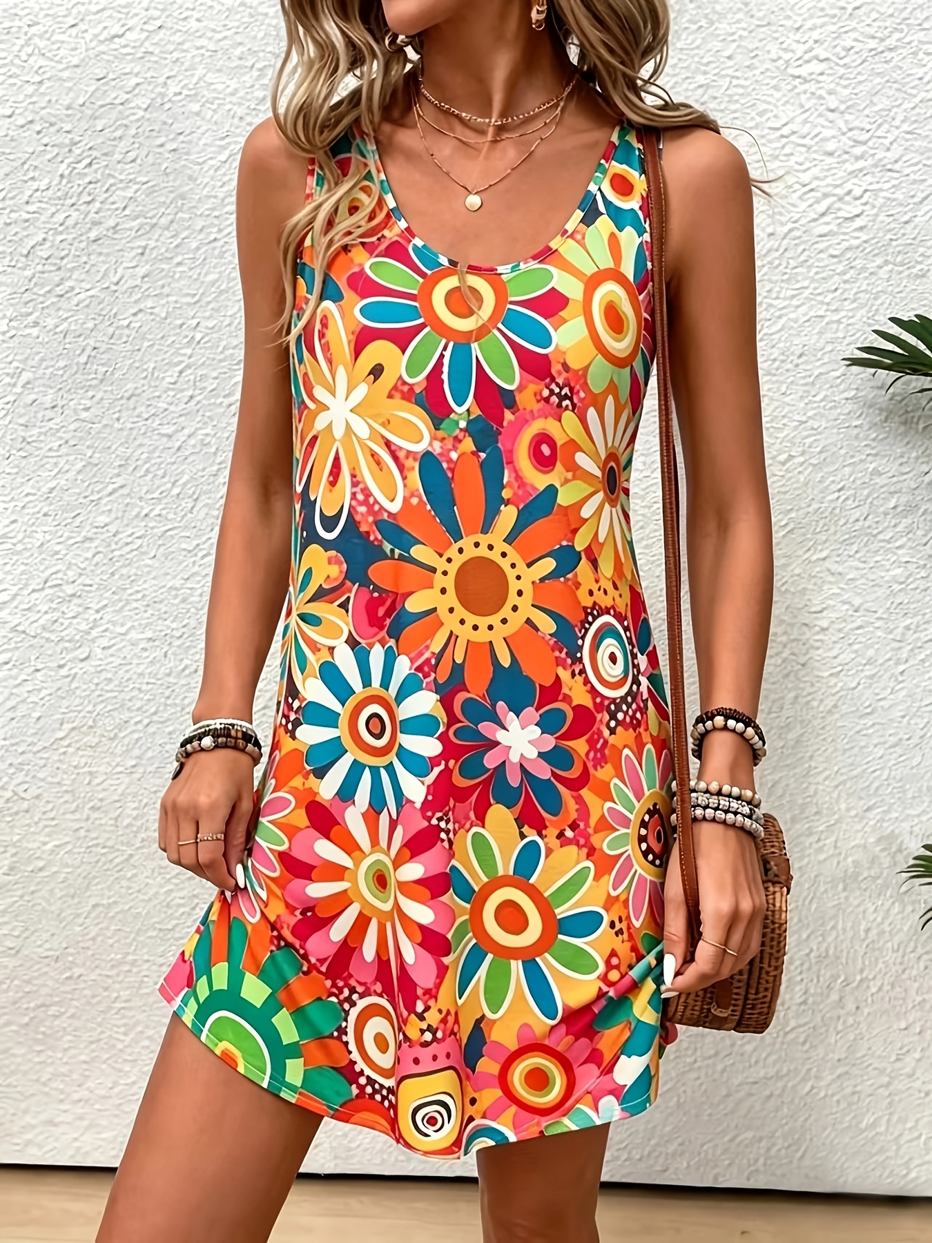 Women's Summer Floral Tank Dress Casual Sleeveless A Line Swing Mini Dress Colorful Printed Beach Dress for Vacation Daily Wear
