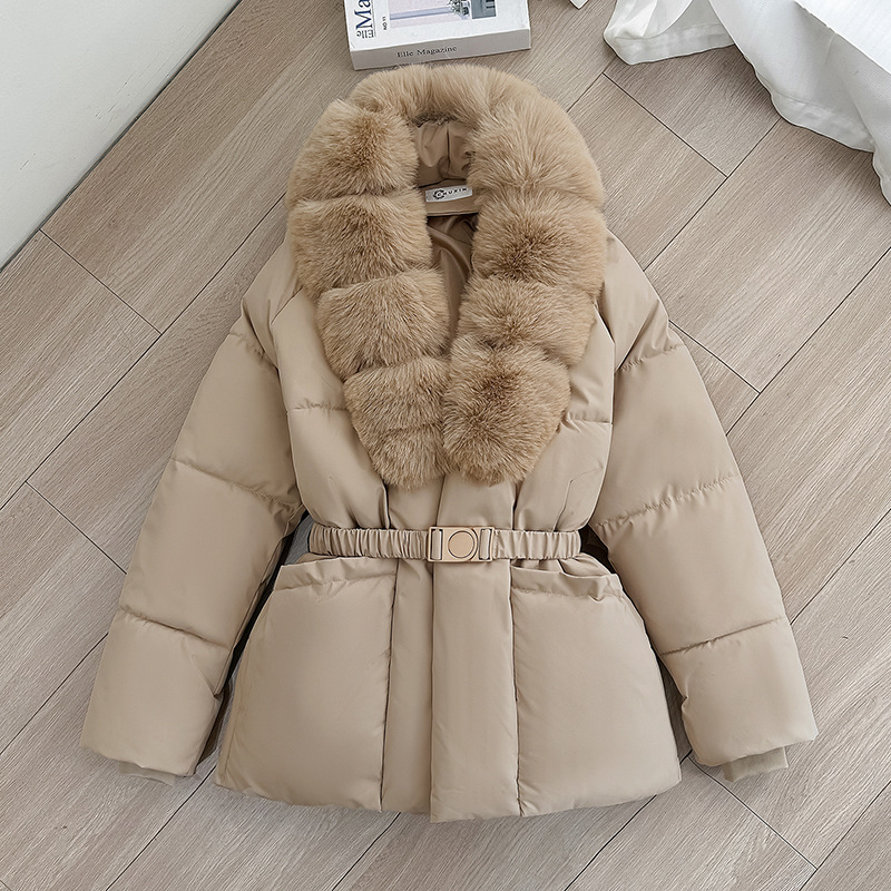 Women's Winter Puffer Jacket with Faux Fur Collar, Polyester Warm Coat, Belted Waist Short Quilted Outerwear, Fashionable Cold Weather Jacket
