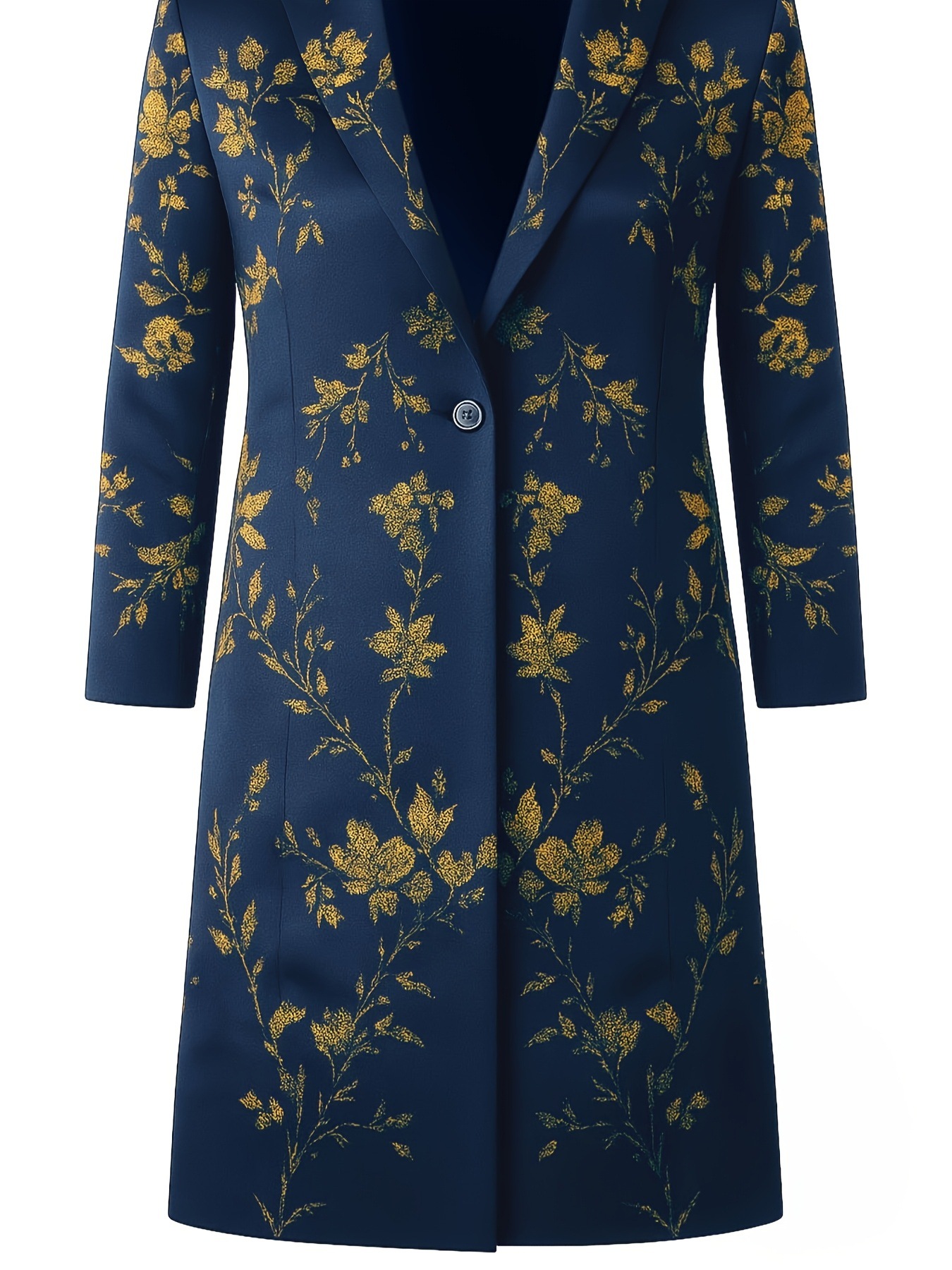 Women's Satin Floral Print Long Blazer Coat, Elegant Notched Lapel Open Front Jacket, Vintage Chic Mid-Length Outerwear for Fall and Winter