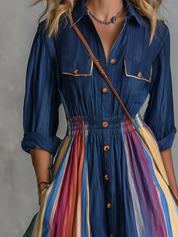 Women's Denim Maxi Dress, Button Down Shirt Dress with Colorful Striped Flowy Skirt, Long Sleeve Collared Dress with Elastic Waist, Boho Vacation Outfit