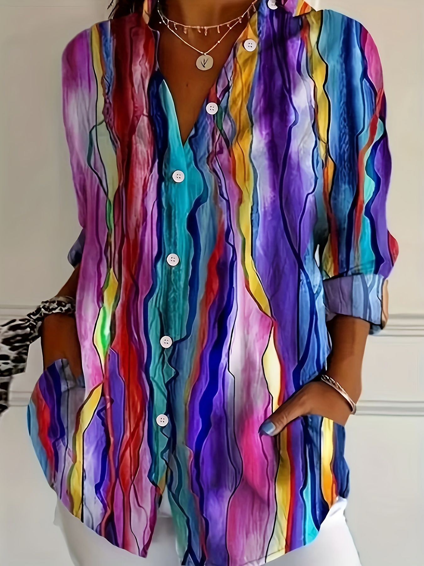 Women’s Colorful Abstract Print Button Down Shirt Long Sleeve Blouse Casual Loose Fit Top Lightweight Artistic Vacation Shirt