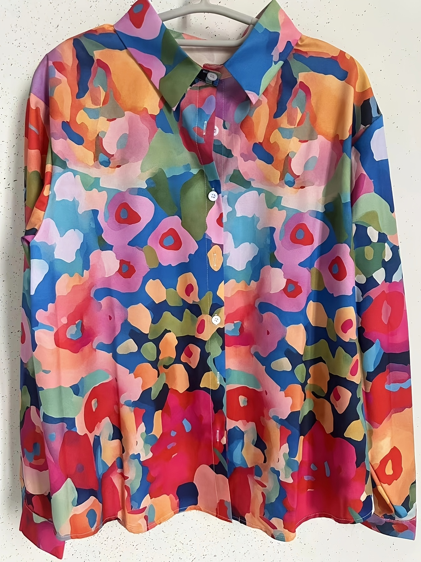 Women’s Watercolor Floral Print Button Down Shirt Colorful Botanical Blouse Long Sleeve Casual Loose Fit Top Artistic Vacation Shirt