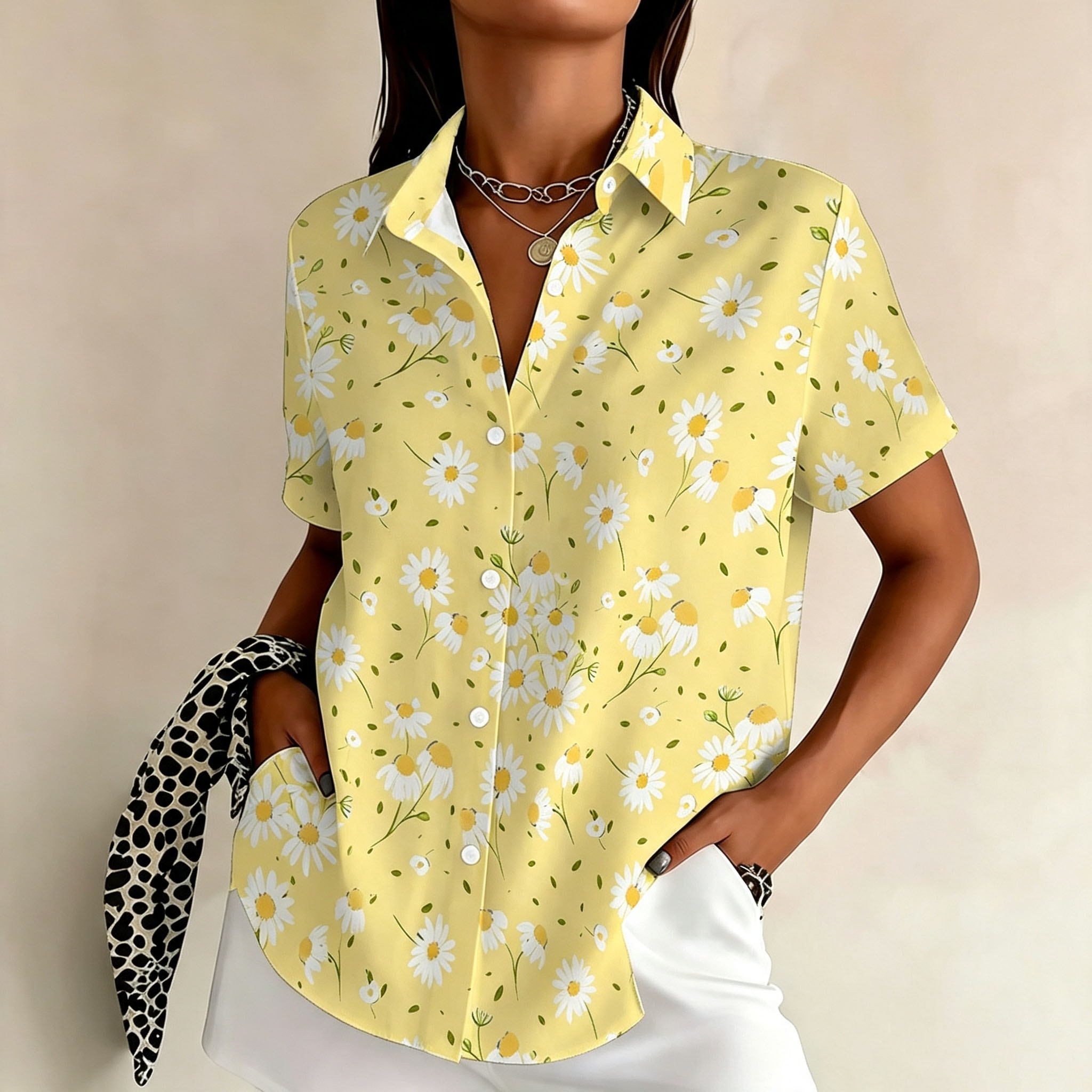 Women's Floral Print Button Down Shirt Short Sleeve Casual Blouse Lightweight Polyester Collared V Neck Summer Tops Loose Fit Shirts for Women