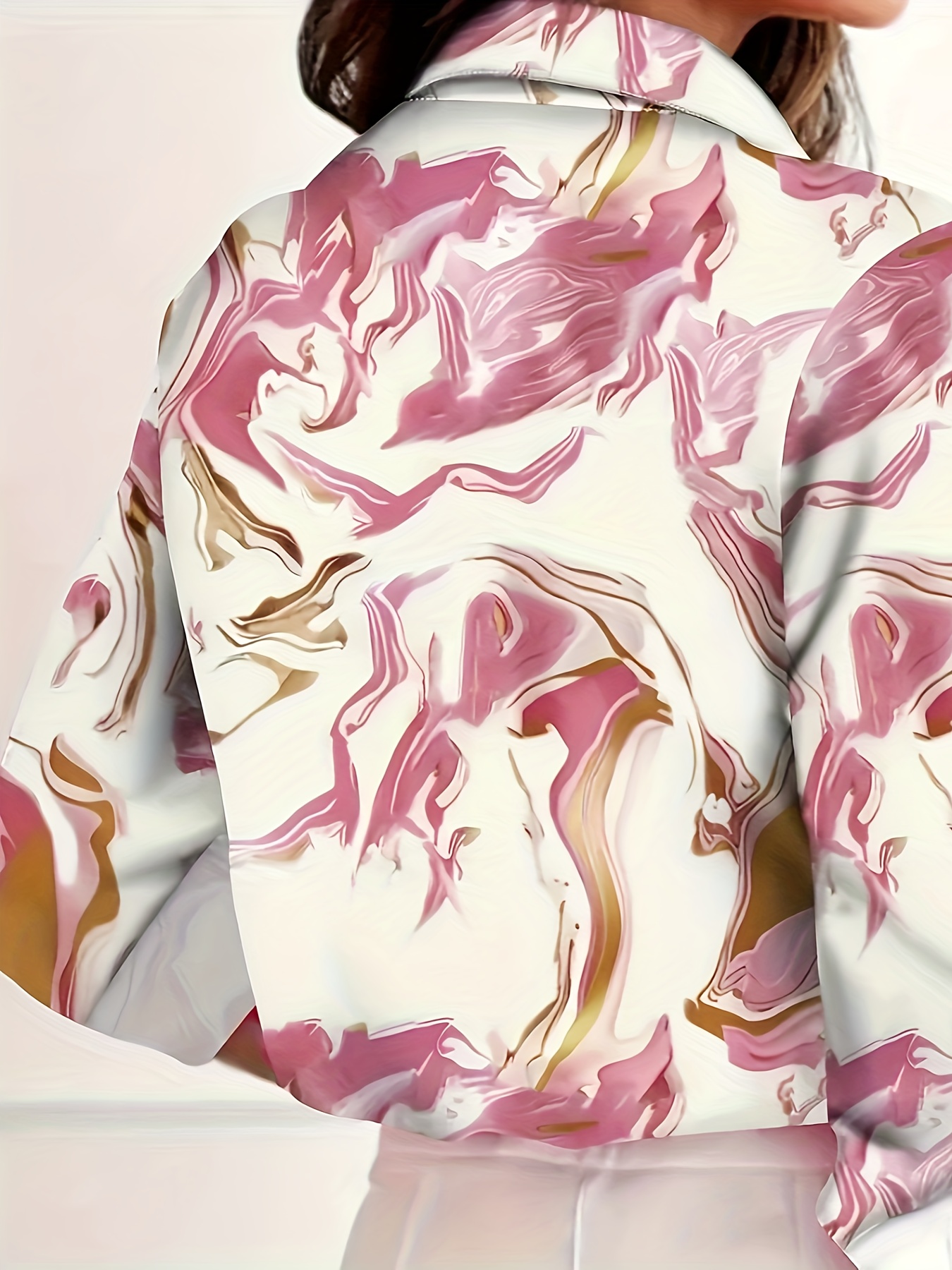 Women's Button-Down Shirt, Casual Long Sleeve Blouse with Pink Gold Marble Print, Turn-Down Collar, Slim Fit Top for Office and Daily Wear-gemscharms