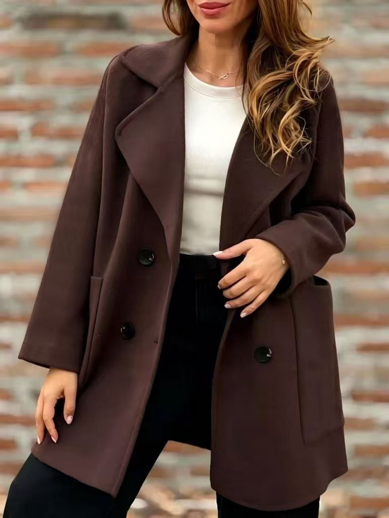 Women's Double Breasted Pea Coat – Elegant Lapel Collar Long Sleeve Jacket for Fall & Winter