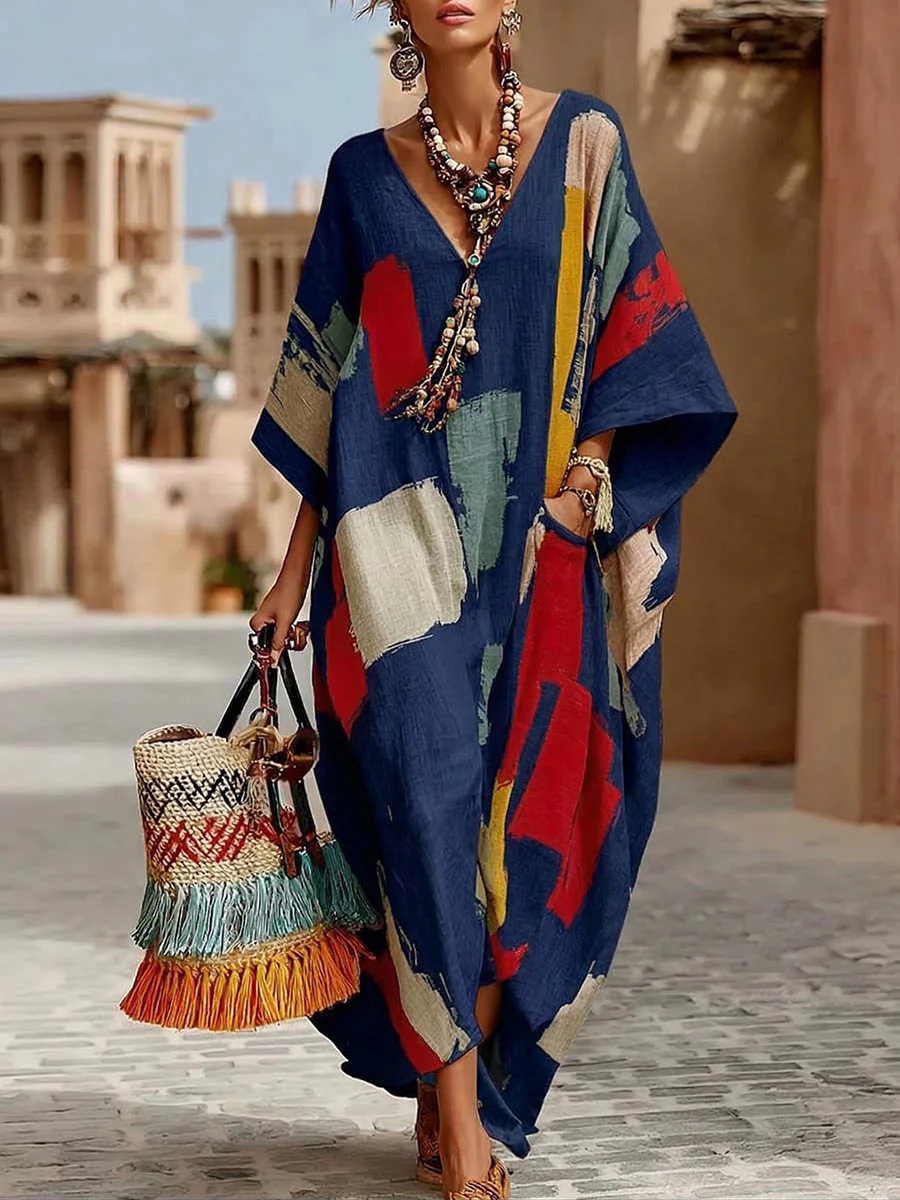 Women's Abstract Print Maxi Dress, Casual Loose Fit Bohemian Kaftan Dress, V Neck Short Sleeve Oversized Tunic Dress for Summer Vacation
