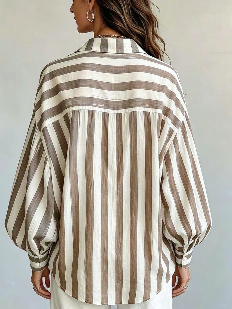Women's Blue Striped Button Down Shirt Long Sleeve Casual Blouse Loose Fit Collared Shirt Oversized Tops for Office Travel Vacation Everyday Wear