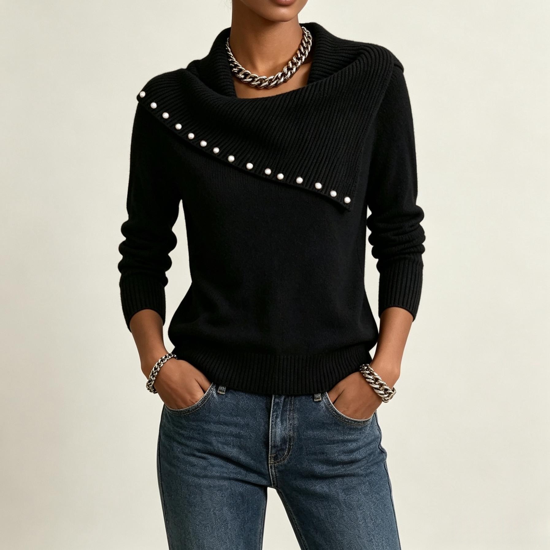 Women’s Pearl Embellished Cowl Neck Sweater – Elegant Long Sleeve Knit Pullover Top