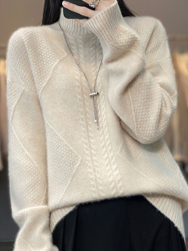Women’s Cable Knit Mock Neck Sweater – Oversized Long Sleeve Casual Pullover Soft Knit Top