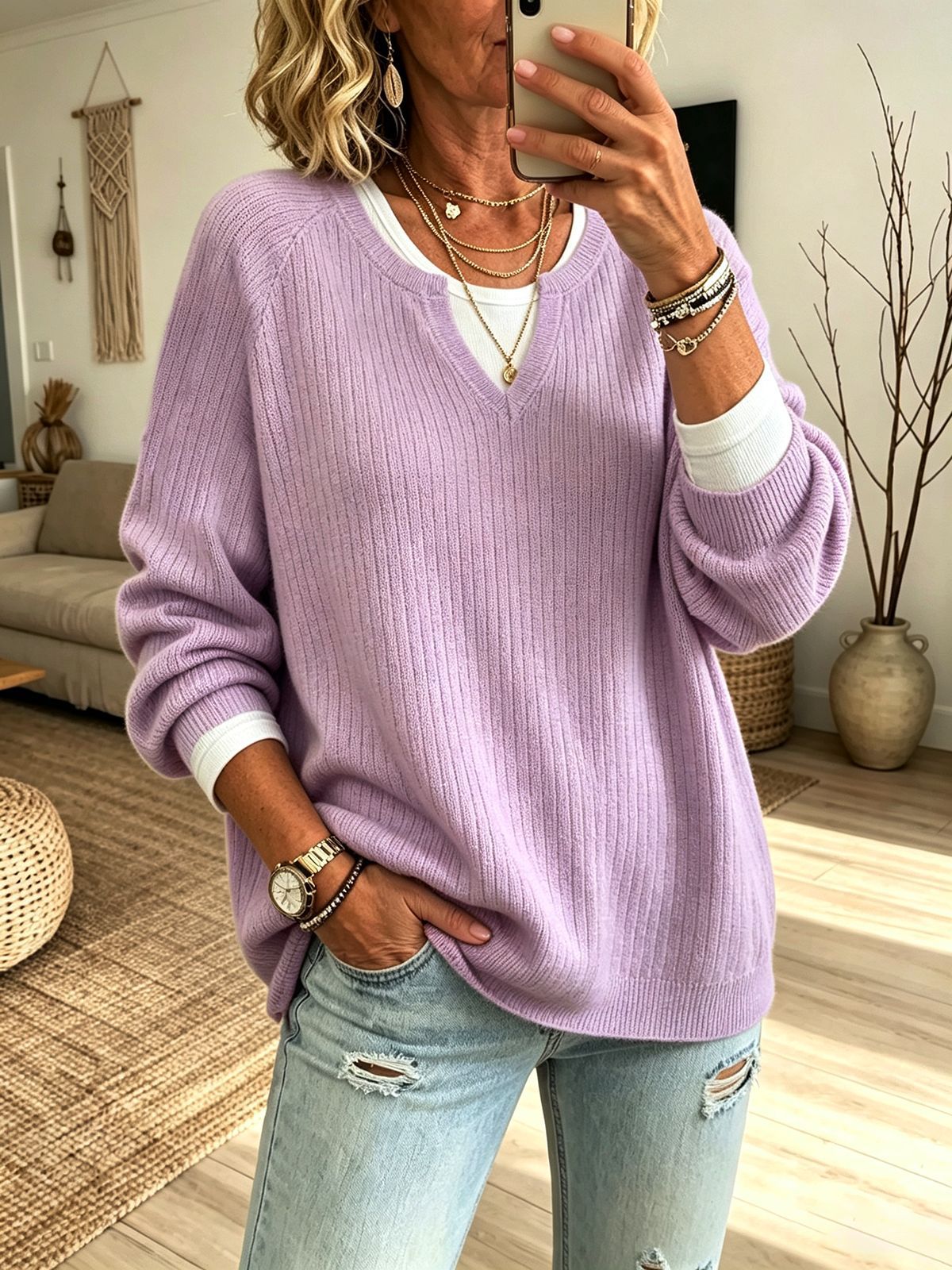 Women’s V-Neck Ribbed Knit Sweater