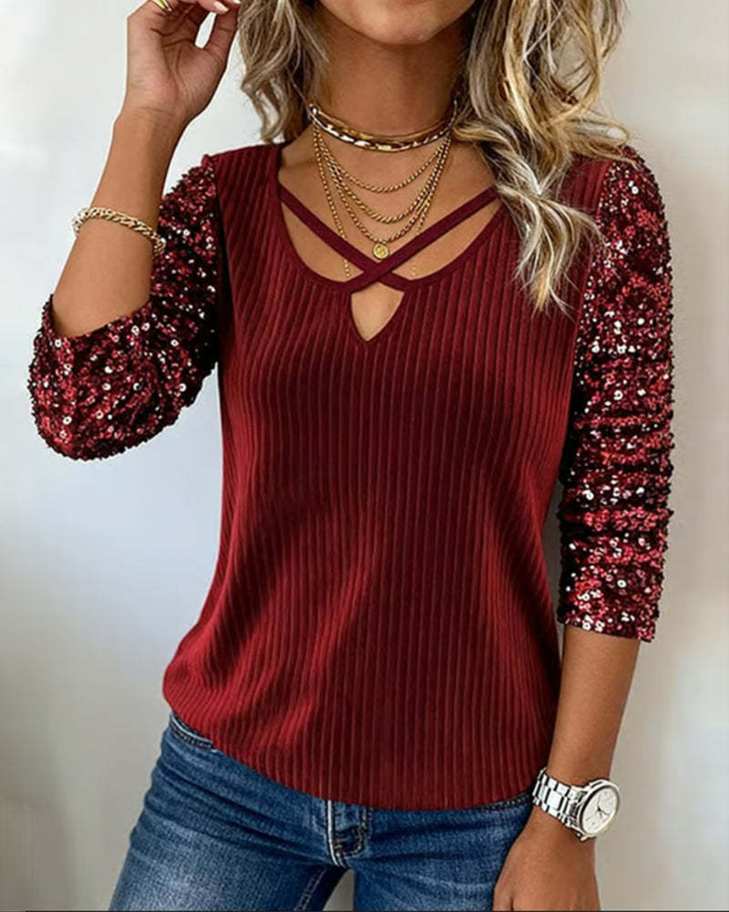 Women's Sequin Sleeve Ribbed Knit Top – Elegant Long Sleeve Blouse with Sparkle Detail