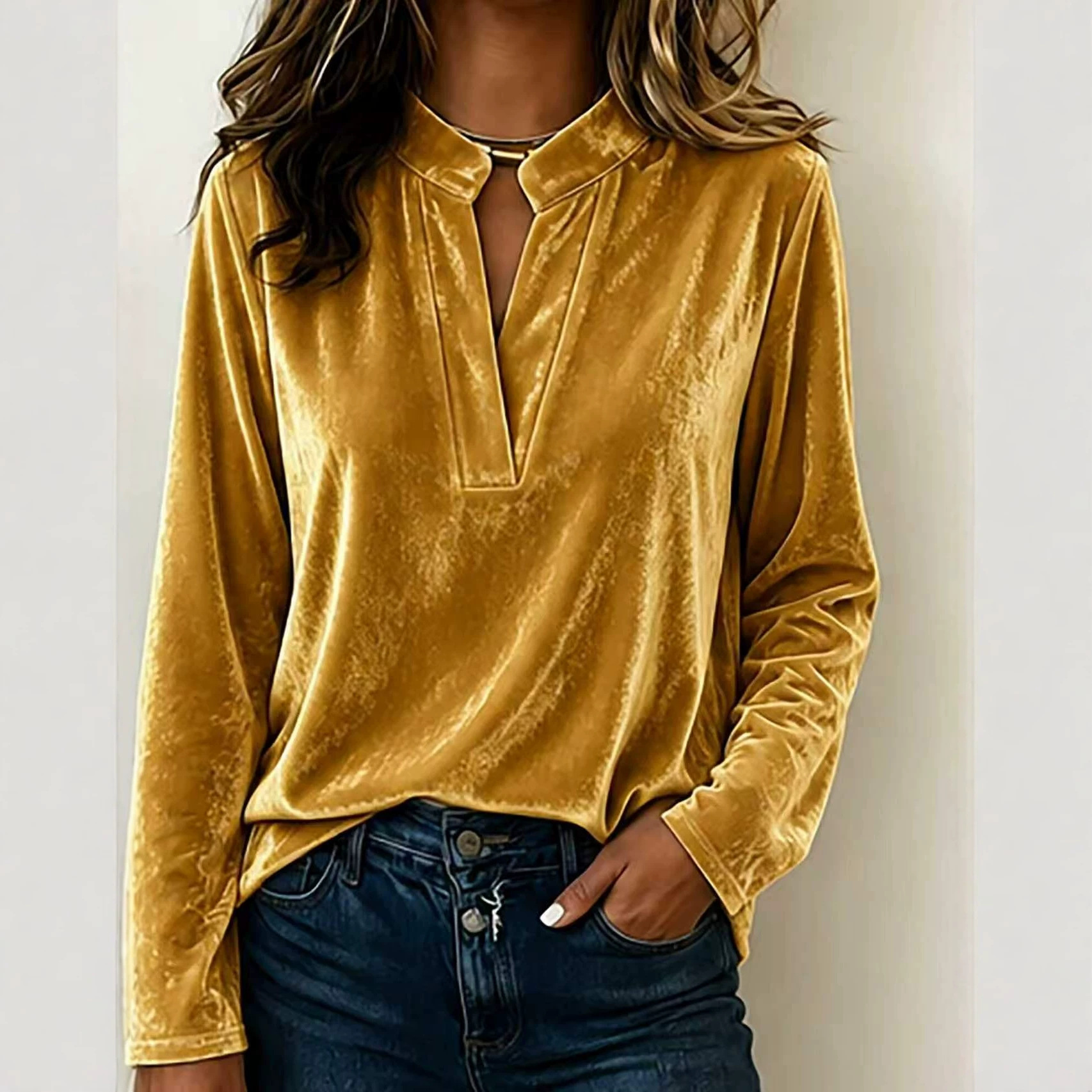 Women’s Velvet Long Sleeve Blouse with Cutout V-Neck & Collared Design