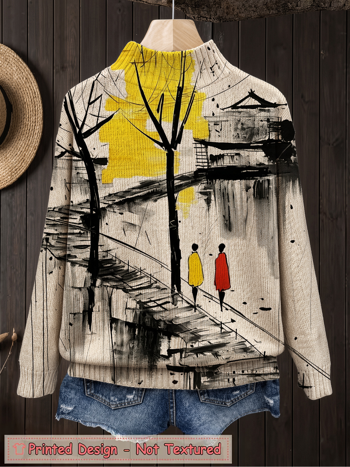 Trendy and Beautiful Women's Abstract Ink Wash Print Sweater, Autumn/winter Chimney Neck Warm Long-sleeve Sweater, Elegant and Versatile Pullover, Suitable for the Office, Streetwear, and Casual Outings
