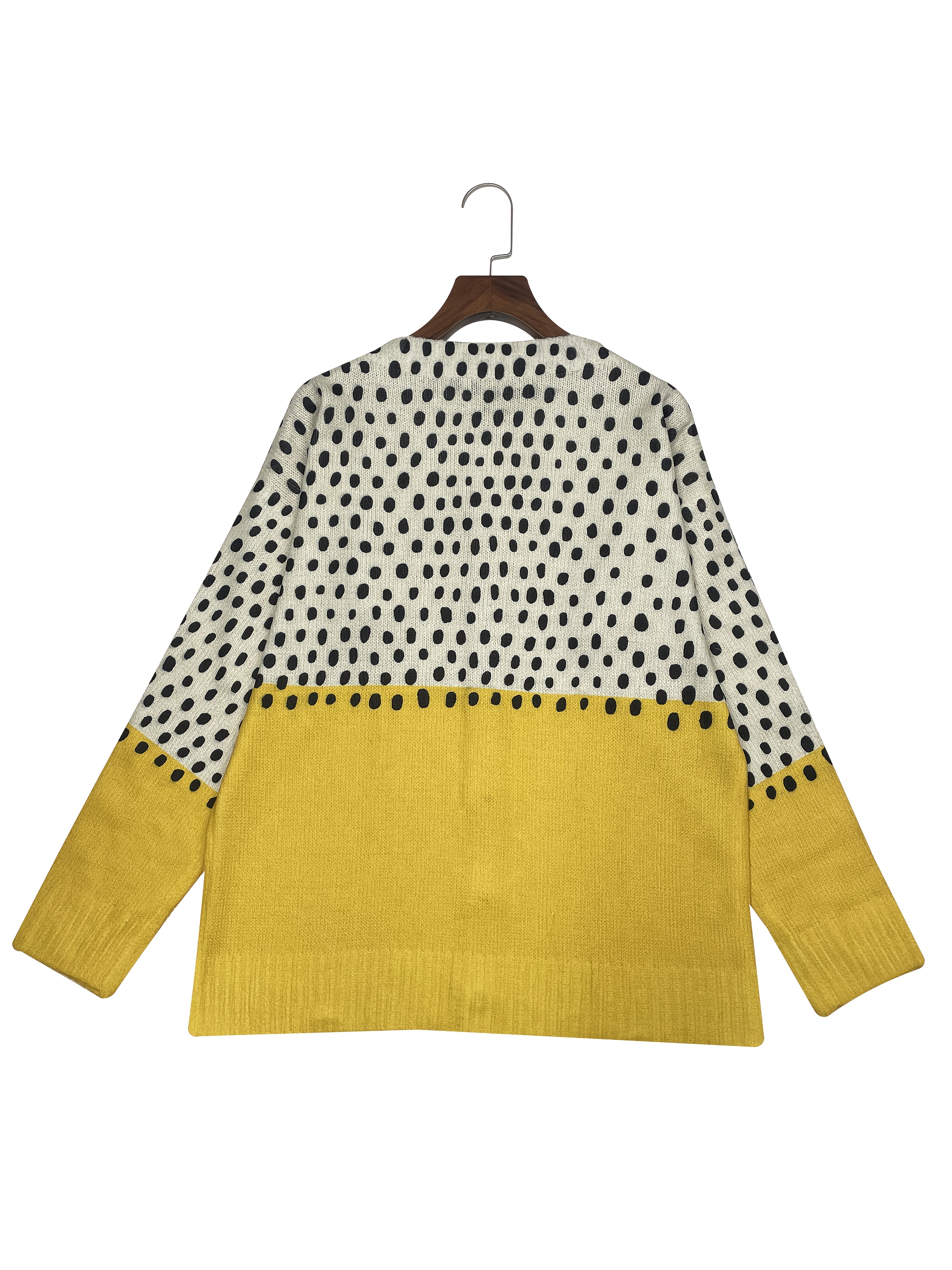 Women's Printed Knit Cardigan Sweater Long Sleeve Button Down Color Block Casual Lightweight Open Front Yellow White Polka Dot Tops