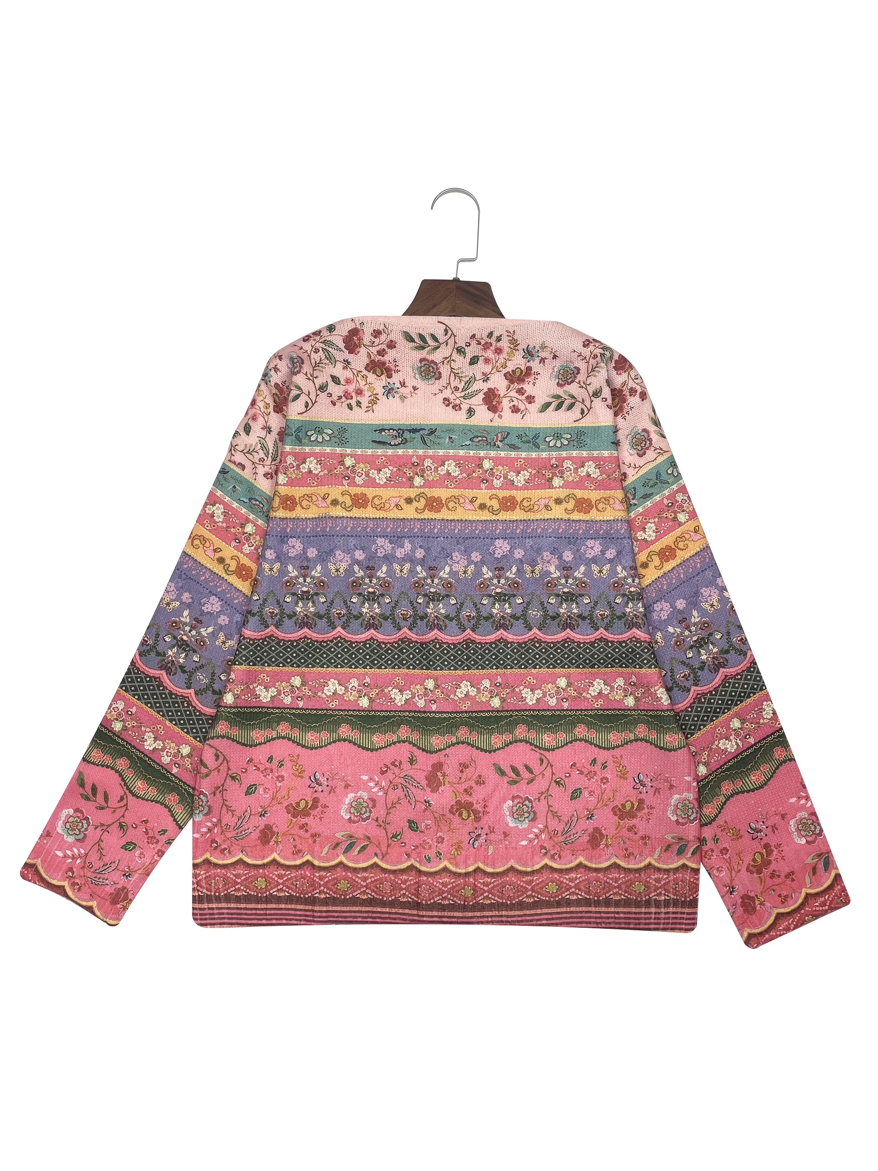 Women Bohemian Striped Floral Knit Cardigan Long Sleeve Button Front V Neck Retro Printed Sweater