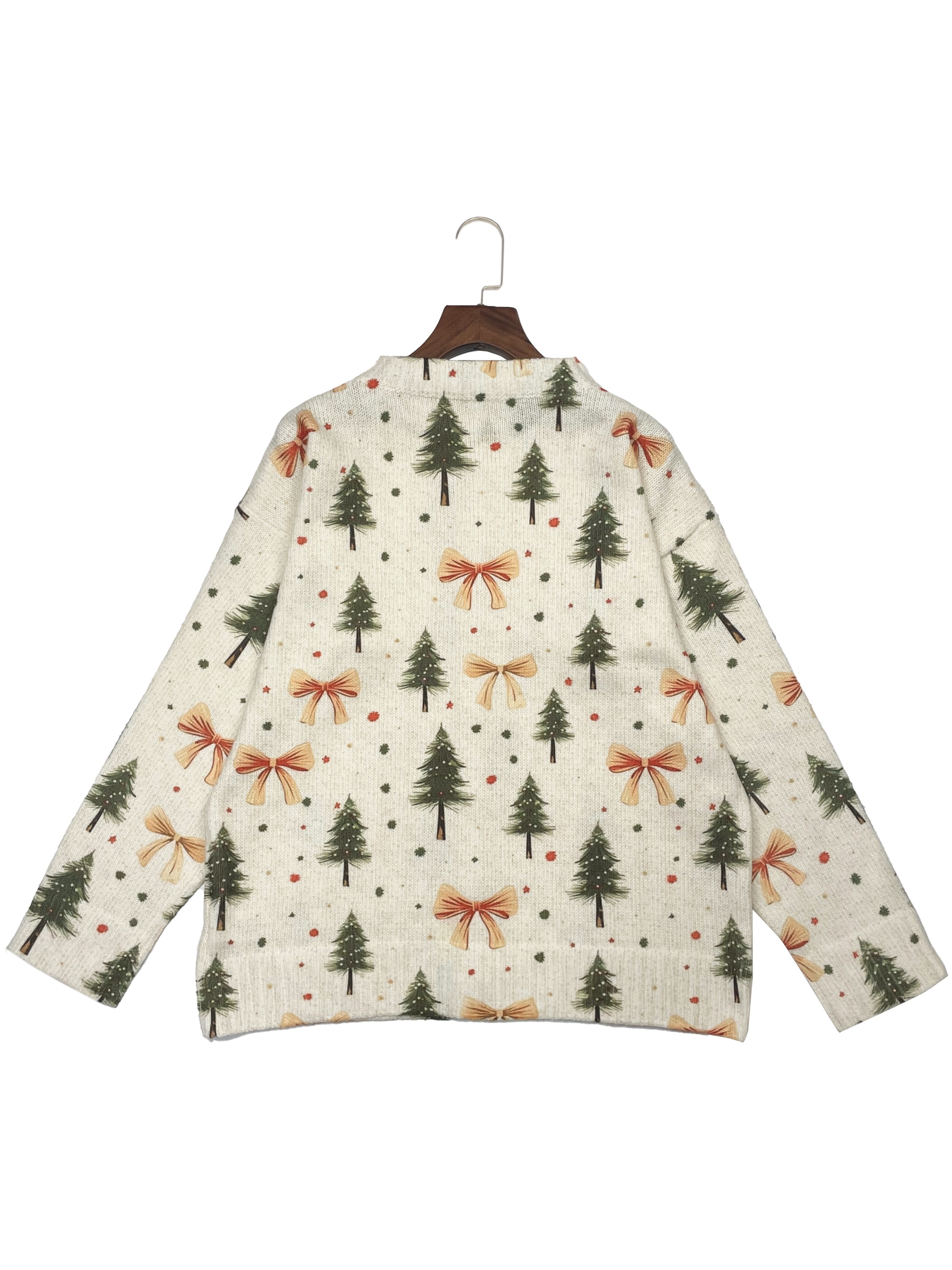 Women's Vintage Christmas Print Knit Cardigan, Long Sleeve V Neck Button Down Loose Sweater Coat