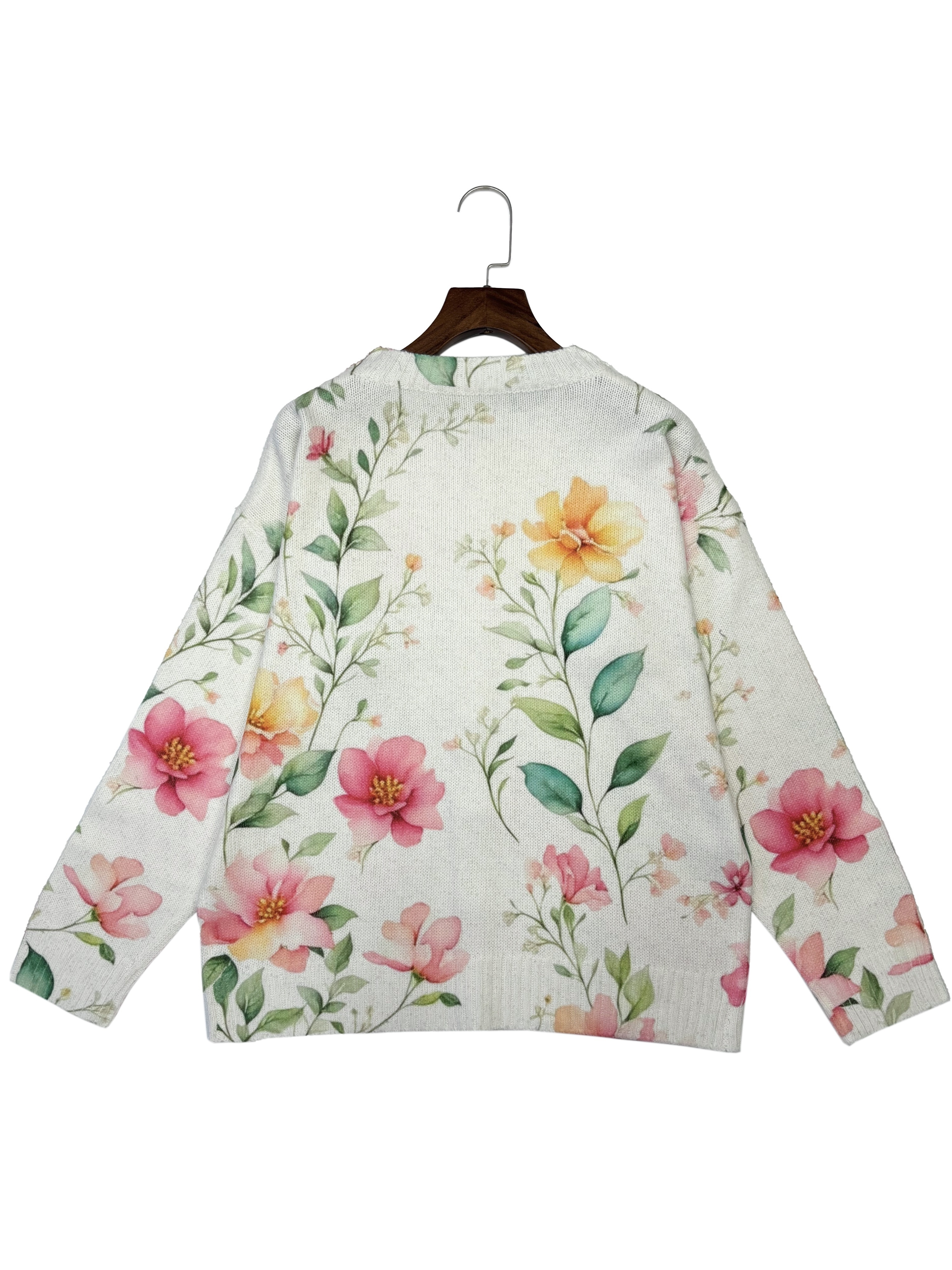 Women's Vintage Floral Print Knit Cardigan, Long Sleeve V Neck Button Down Loose Sweater Coat
