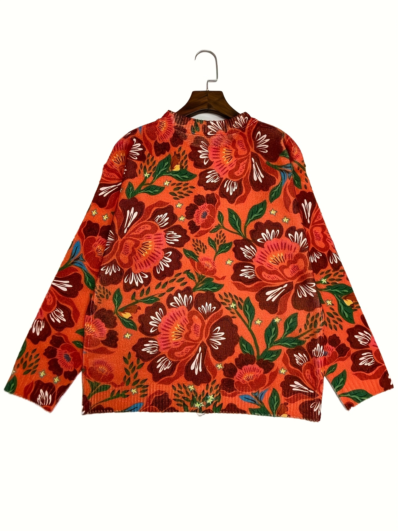Women's Vintage Floral Print Knit Cardigan, Long Sleeve V Neck Button Down Loose Boho Sweater Coat