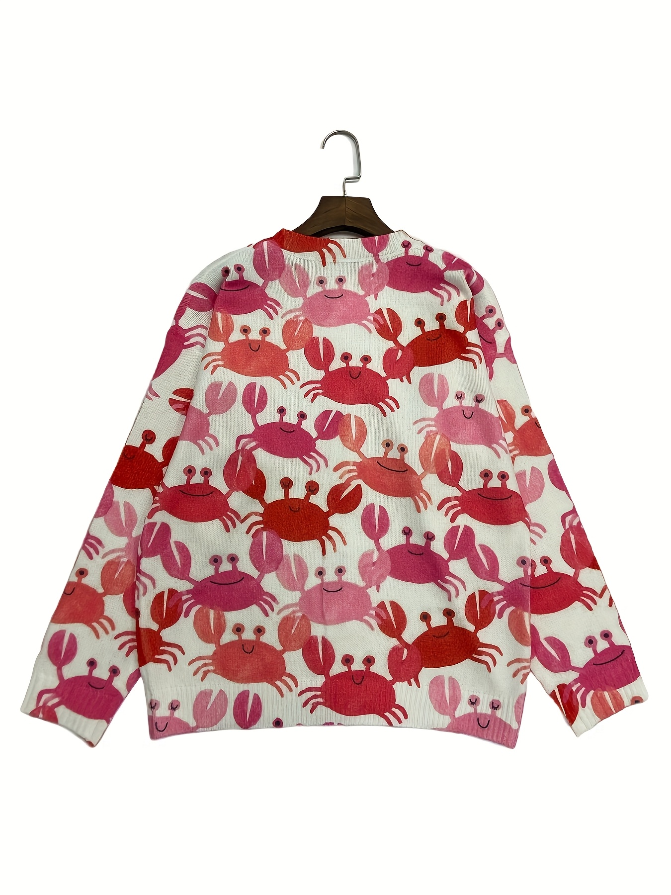 Women's Cute Crab Print Knit Cardigan, Long Sleeve V Neck Button Down Loose Casual Sweater Coat