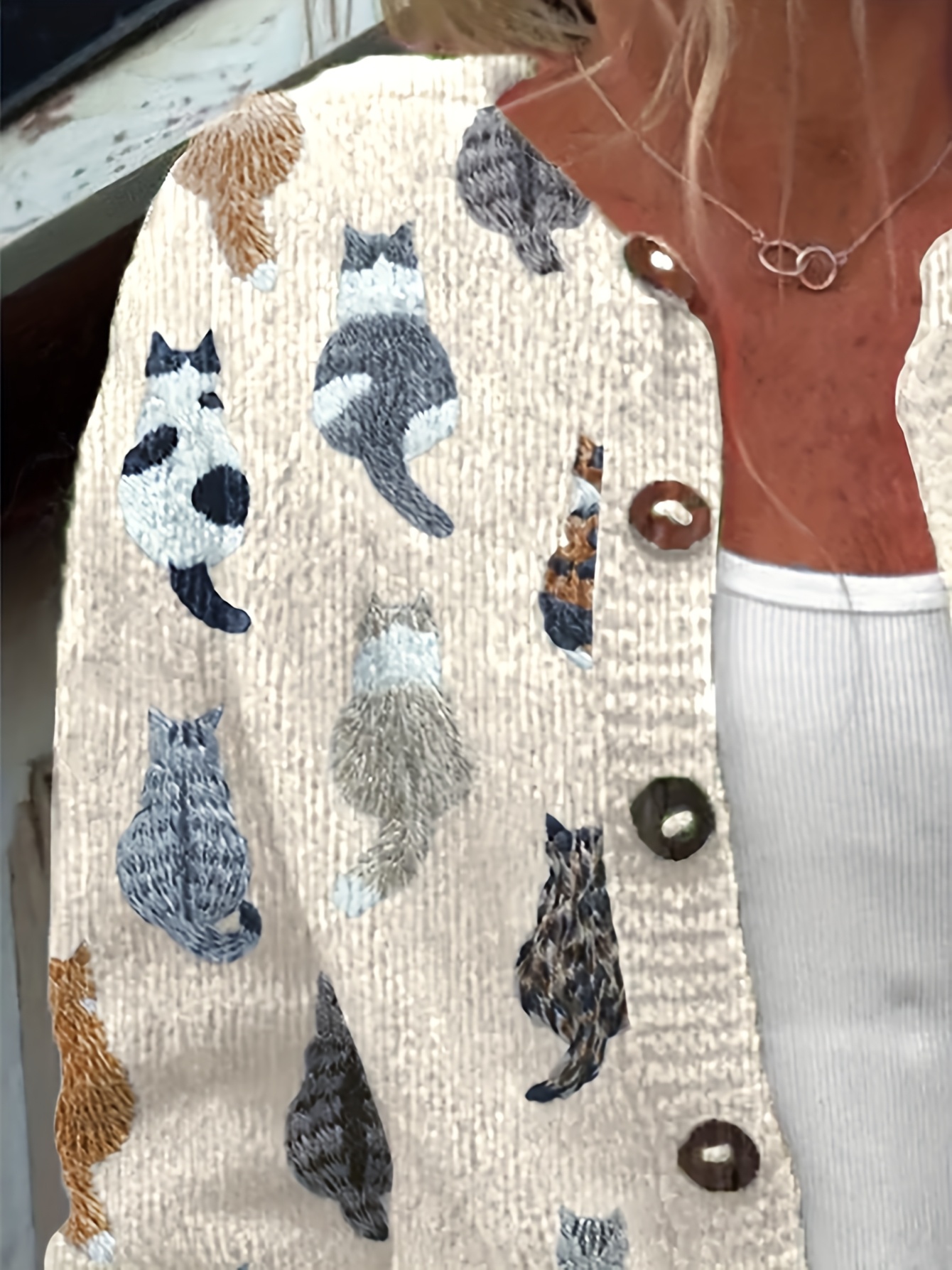 Women's Cat Print Knit Cardigan, Long Sleeve V Neck Button Down Loose Casual Sweater Coat