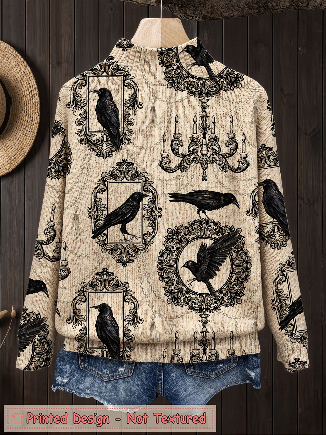 Women's Gothic Raven Print Turtleneck Sweater, Vintage Baroque Chandelier Pattern Long Sleeve Pullover Top, Casual Fall Winter Graphic Sweatshirt (Printed Design, Not Textured Knit)