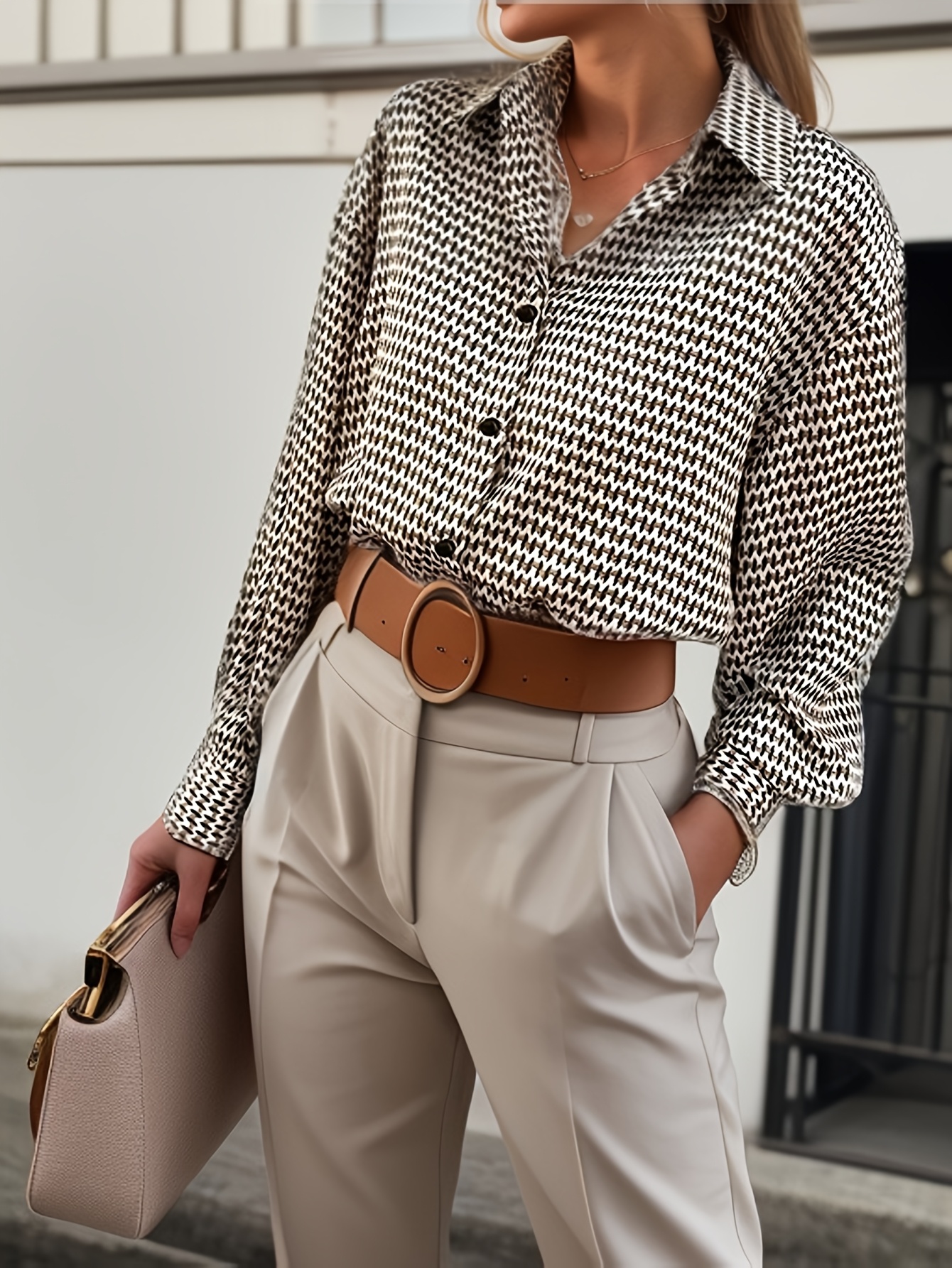 Women's Houndstooth Geometric Print Lapel Collar Long Sleeve Button Down Shirt, Elegant Loose Fit Casual Blouse Top