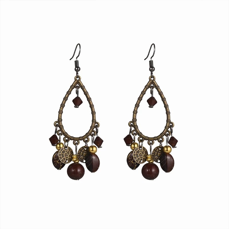Vintage Boho Beaded Tassel Drop Earrings, Retro Open Teardrop Frame Natural Stone Dangle Earrings, Ethnic Bohemian Long Dangle Jewelry for Women