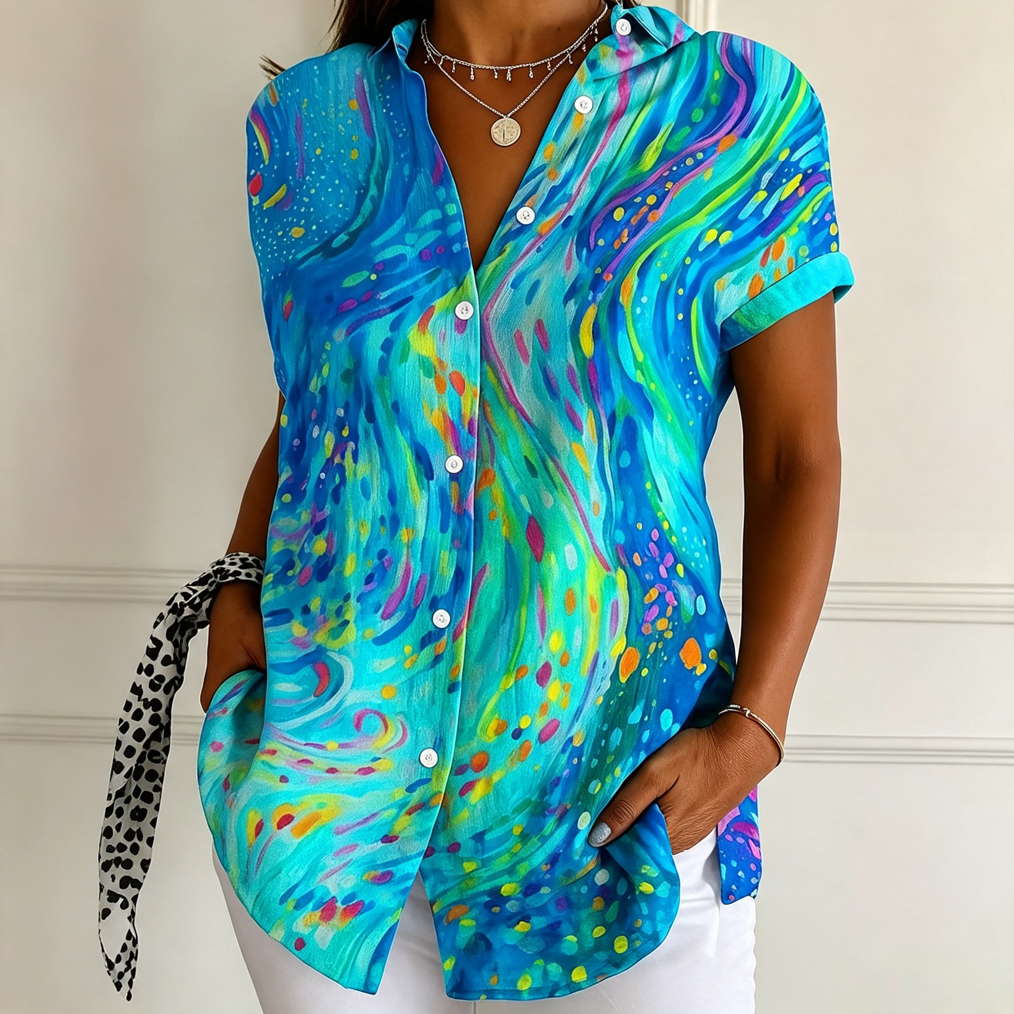 Women's Colorful Abstract Print Short Sleeve Button Down Shirt, Lightweight Polyester Casual Blouse, Loose Fit Collared Vacation Beach Shirt, Summer Fashion Tops for Women