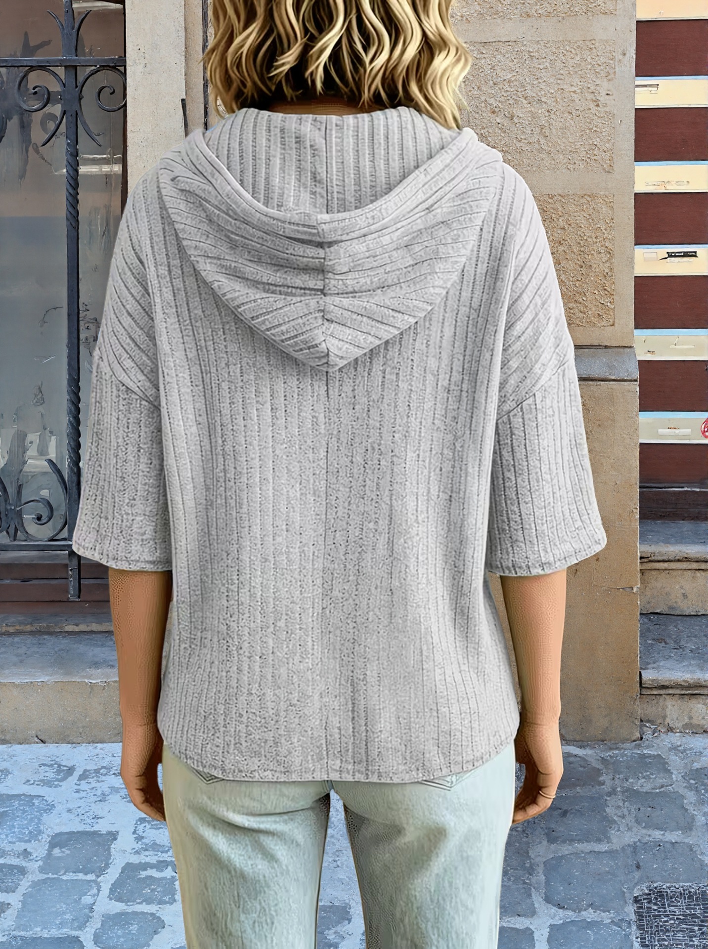 Women’s Casual Ribbed Knit Hoodie Top – Loose Fit Short Sleeve Pullover Sweatshirt with Drawstring Hood