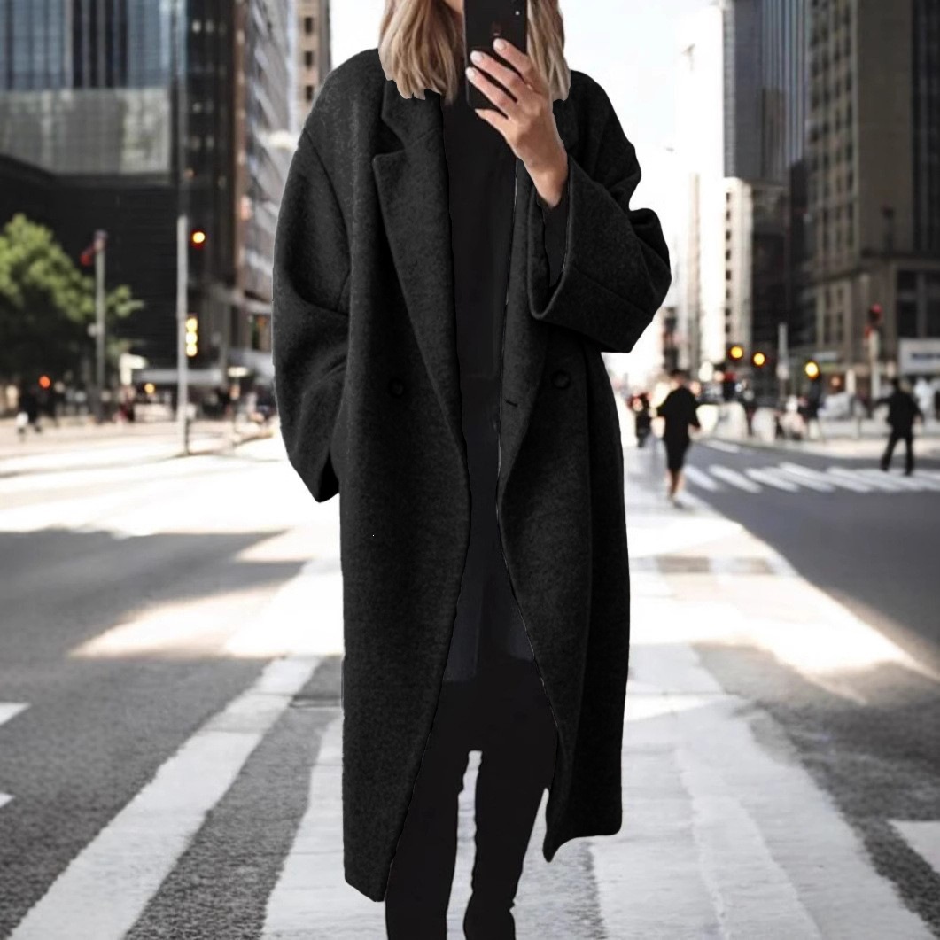 Women's Long Double Breasted Coat – Oversized Lapel Collar Jacket for Fall Winter