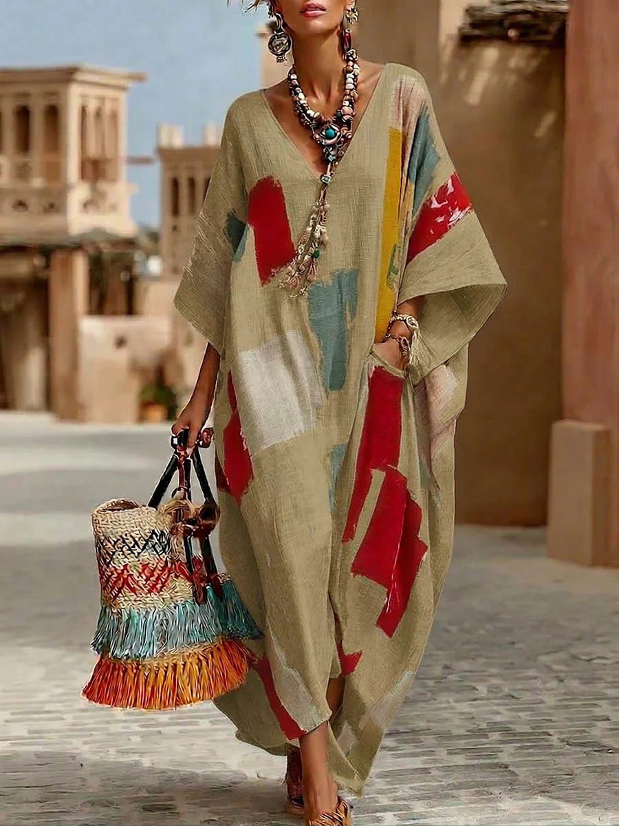 Women's Abstract Print Maxi Dress, Casual Loose Fit Bohemian Kaftan Dress, V Neck Short Sleeve Oversized Tunic Dress for Summer Vacation