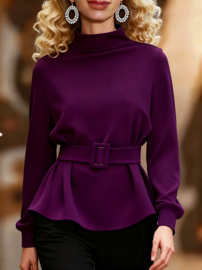 Women’s Elegant Peplum Blouse with Belt – Long Sleeve Mock Neck Slim Fit Casual Dressy Top