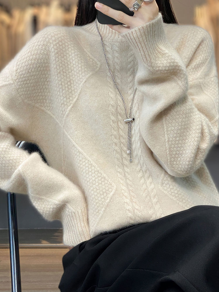 Women’s Cable Knit Mock Neck Sweater – Oversized Long Sleeve Casual Pullover Soft Knit Top
