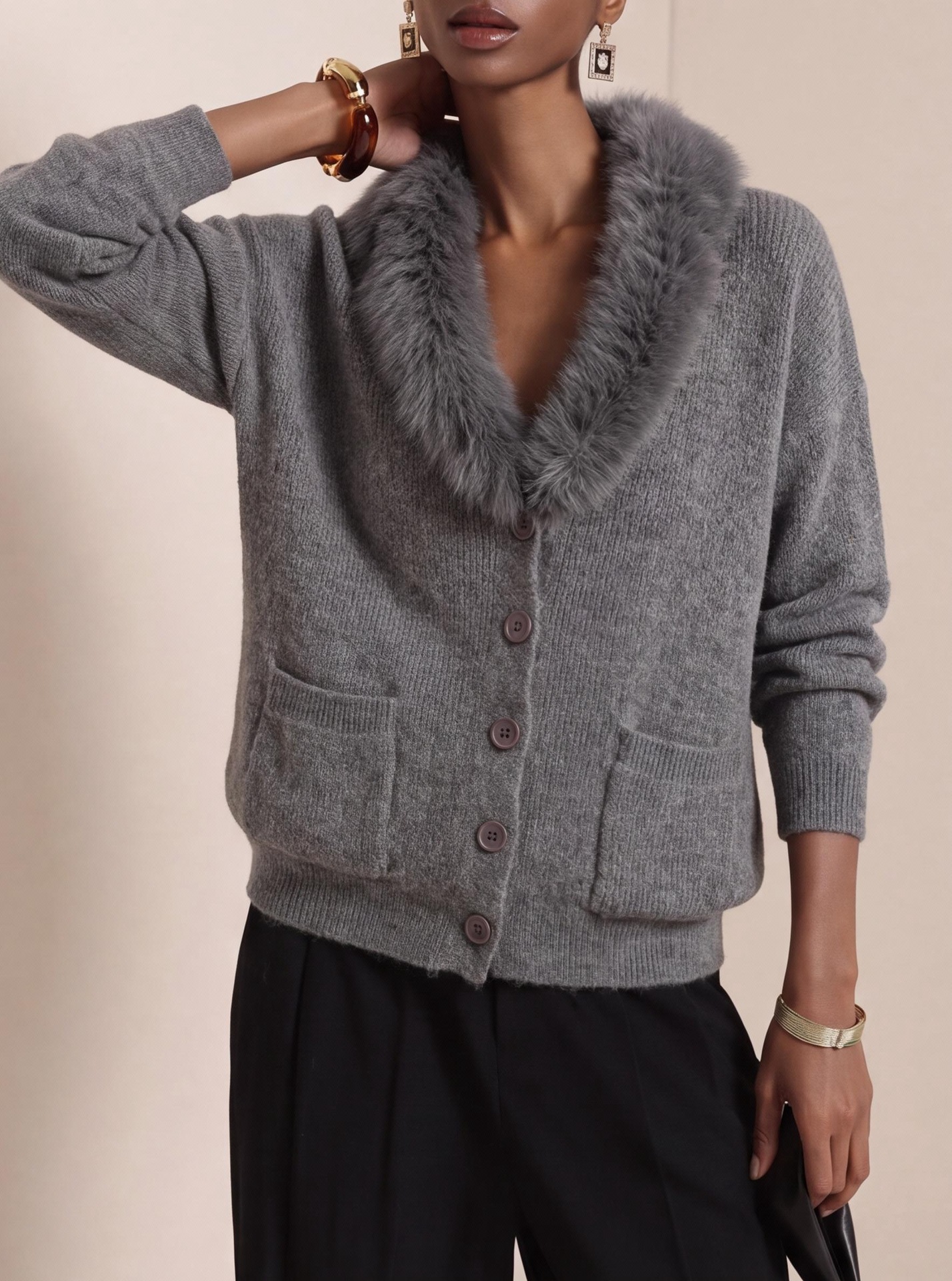 Women's Button Down Knit Cardigan Sweater with Faux Fur Collar, Long Sleeve Open Front Winter Sweater Jacket with Front Pockets, Casual Cozy Tops