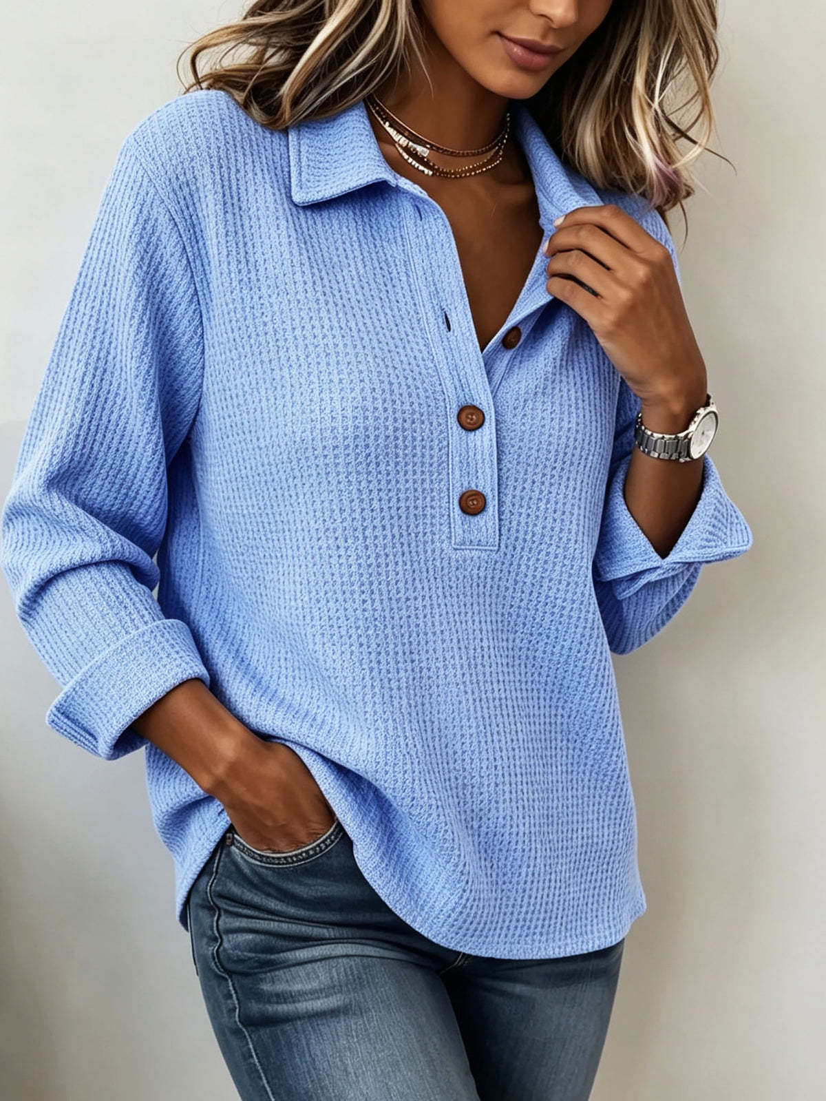 Women’s Waffle Knit Polo Shirt Long Sleeve Collared Pullover Top Button Front Casual Loose Fit Textured Blouse for Fall Winter-gemscharms