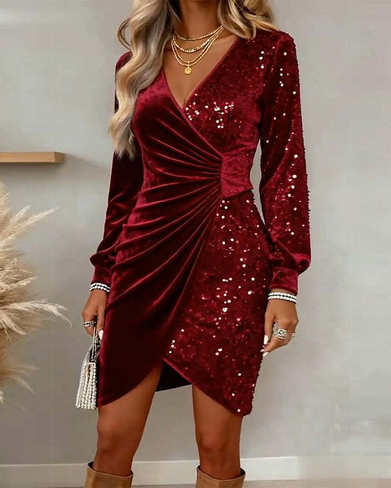 Women's Velvet Sequin Mini Dress V Neck Long Sleeve Ruched Bodycon Party Dress Elegant Cocktail Evening Dress for Women-gemscharms