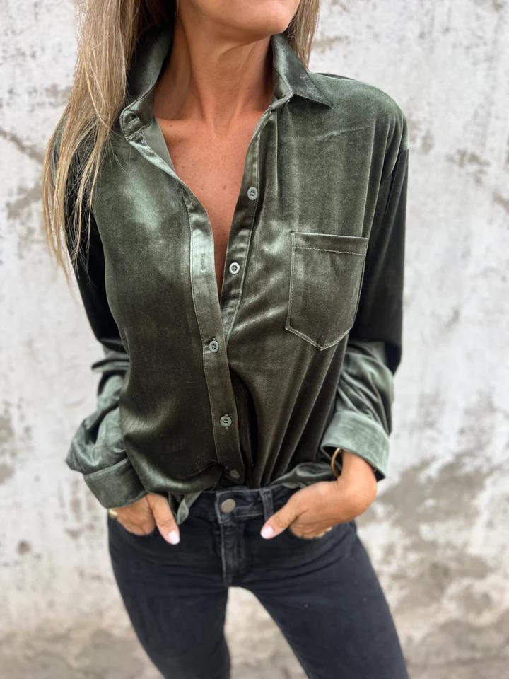 Women's Velvet Button Down Shirt Long Sleeve Blouse Soft Casual Loose Fit Collared Tops with Pocket Fall Winter Elegant Fashion Shirt