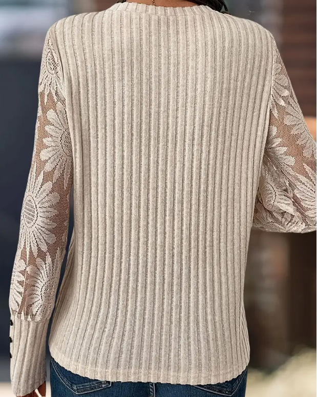 Women's V Neck Long Sleeve Knit Top – Lace Sleeve Ribbed Blouse with Elegant Button Cuff Detail for Casual & Dressy Wear