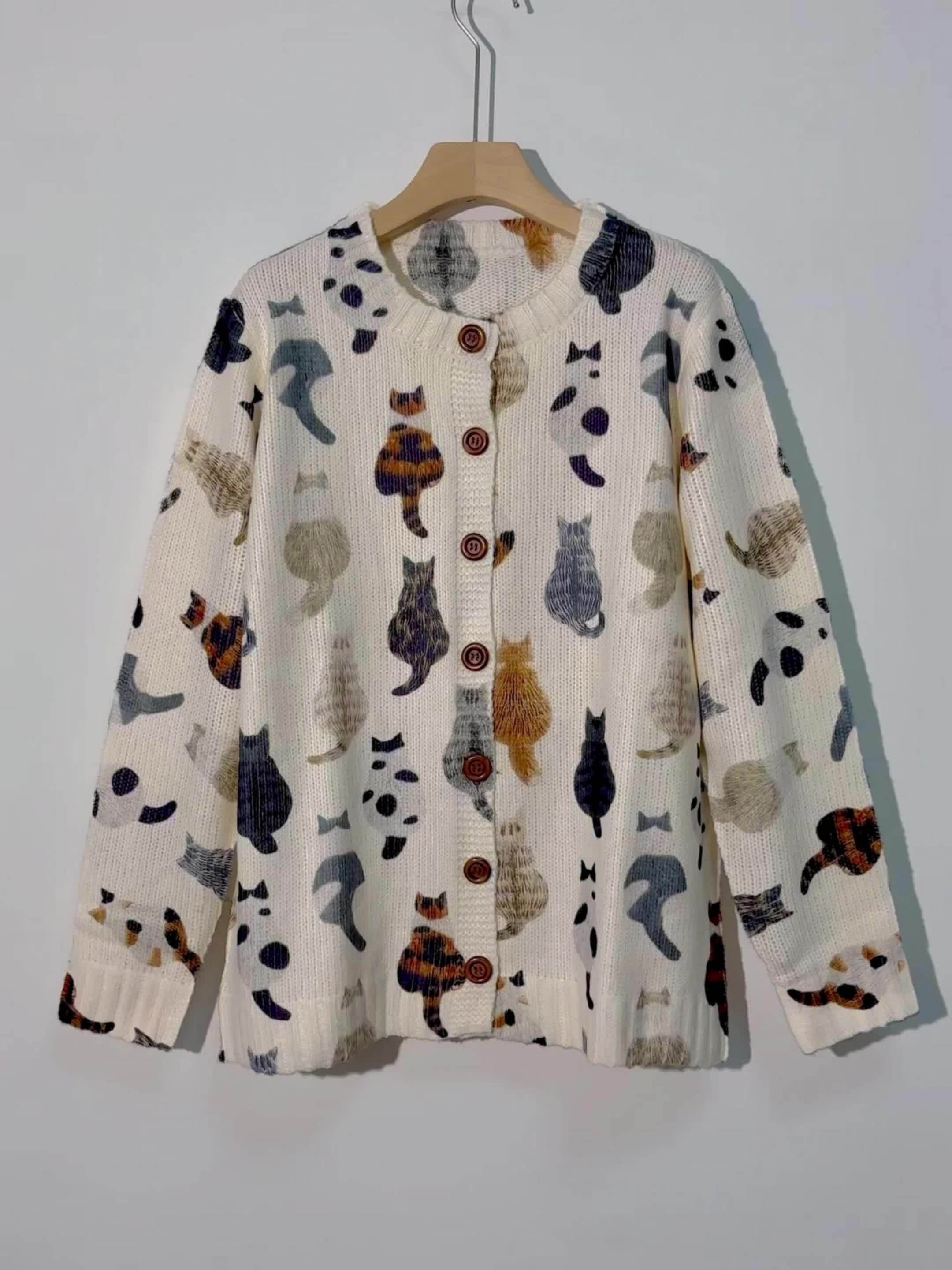 Women's Cat Print Knit Cardigan, Long Sleeve V Neck Button Down Loose Casual Sweater Coat