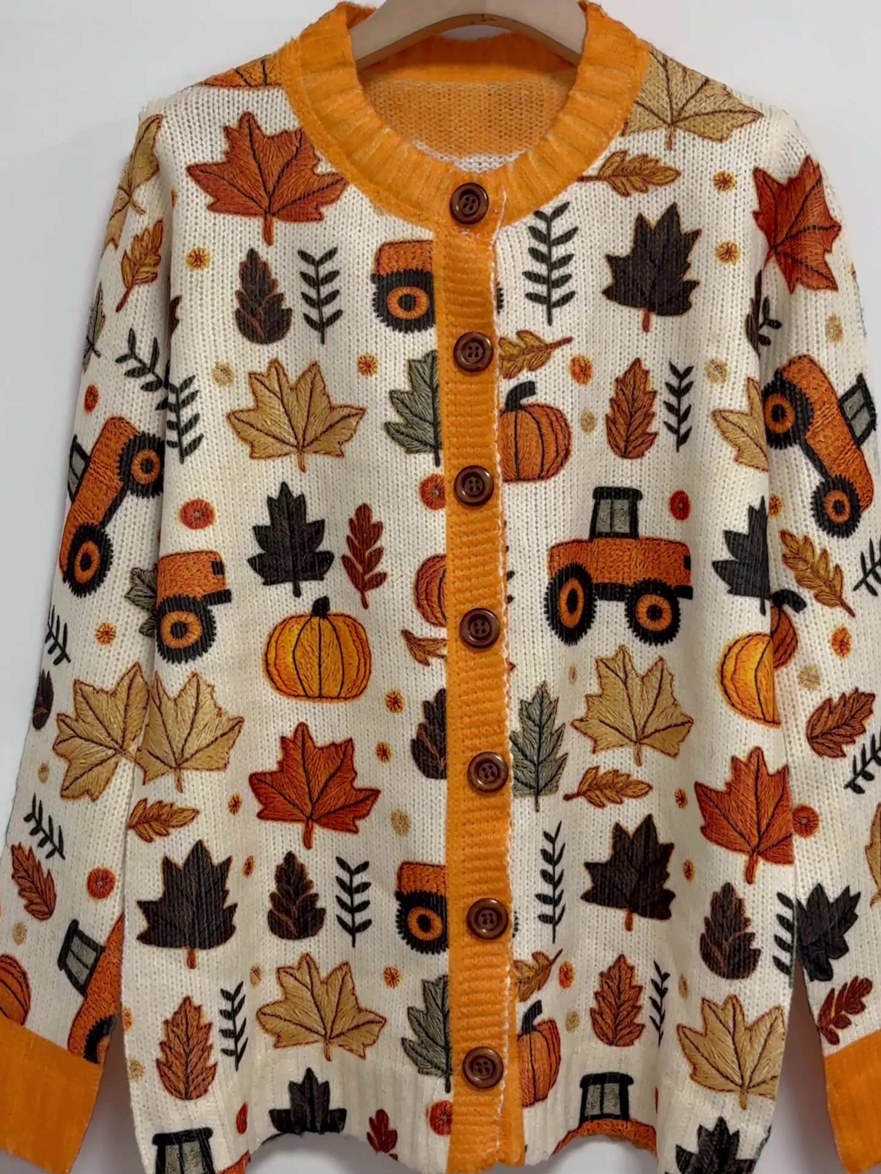 Women's Fall Pumpkin Maple Leaf Tractor Print Knit Cardigan, Long Sleeve V Neck Button Down Loose Autumn Sweater Coat
