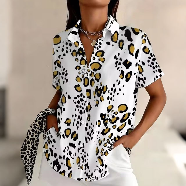 Women’s Leopard Print Button-Up Shirt – Short Sleeve Casual Blouse