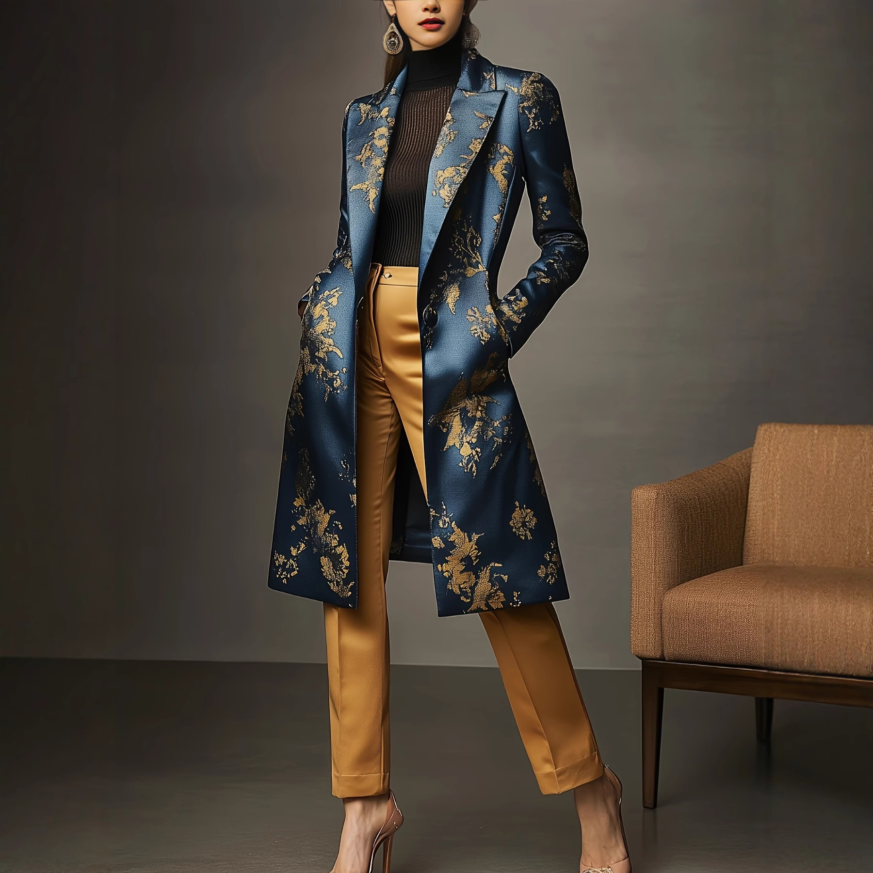 Women's Satin Floral Print Long Blazer Coat, Elegant Notched Lapel Open Front Jacket, Vintage Chic Mid-Length Outerwear for Fall and Winter