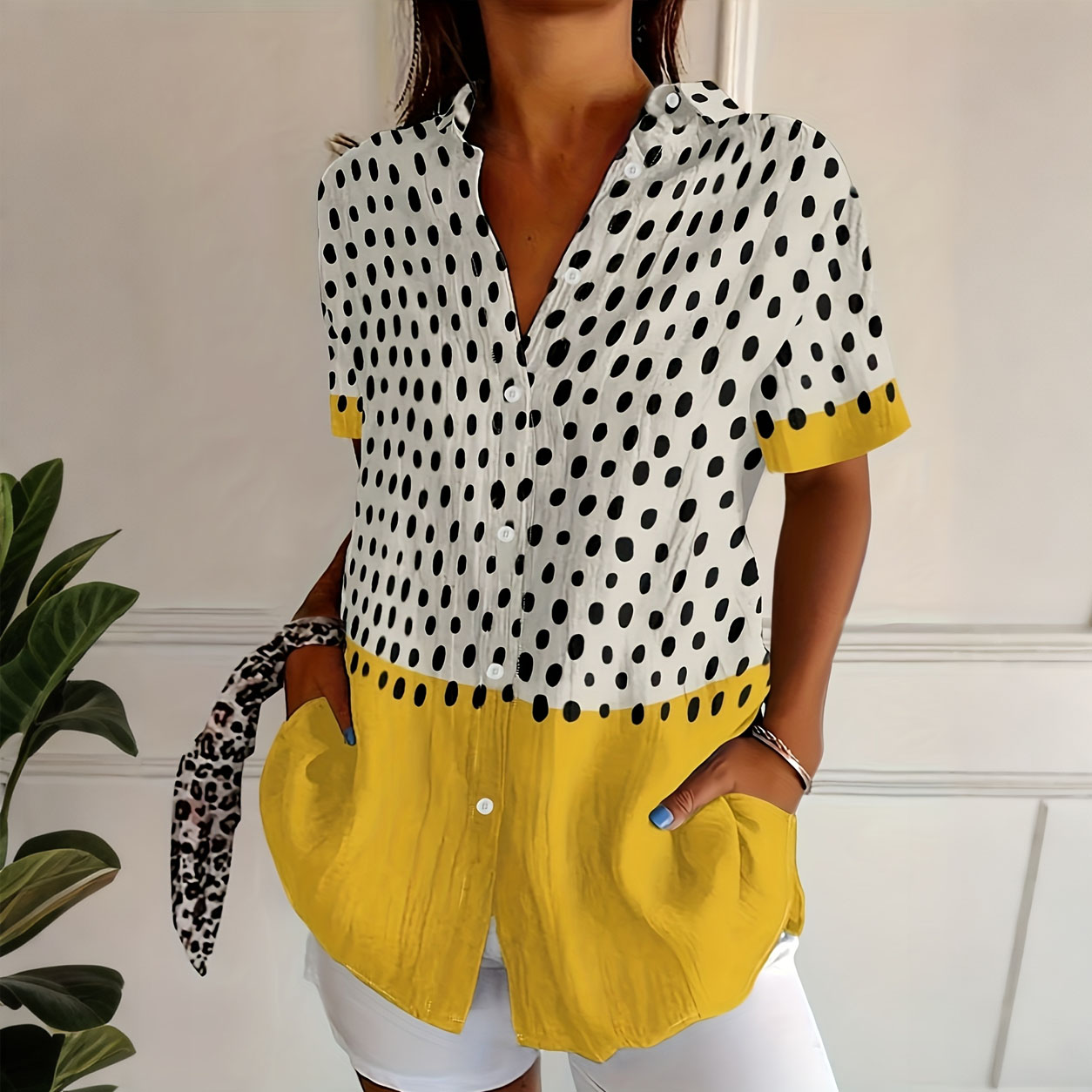 Plus Size Women Two-Tone Polka Dot Short Sleeve Button Down Shirts, Lightweight Polyester Lapel Collar Pocket Blouses, Casual Loose Fit Summer Color Block Tops